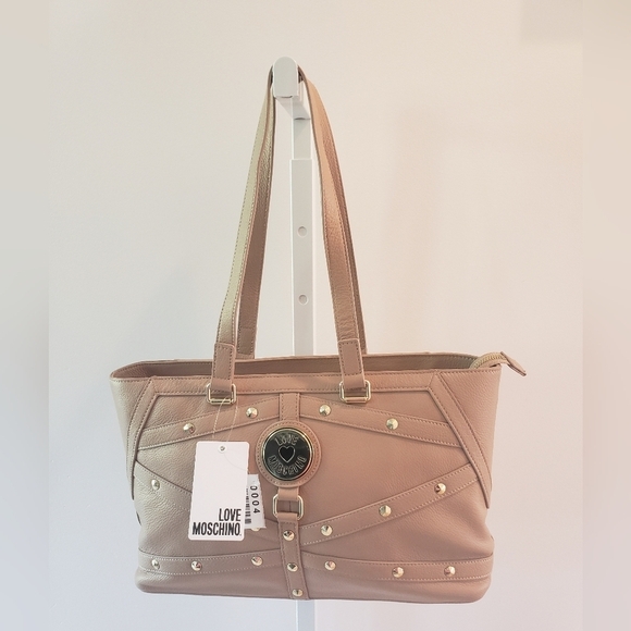 1496- LOVE MOSCHINO Milano Bag Nat Grain Leather Taupe Genuine Leather NWT - Picture 12 of 12
